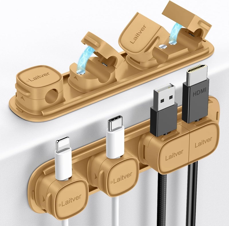 Laitver 6 Pack Magnetic Cable Clips [1s Open/Lock], Cord Organizer Holder Strong Adhesive Desk Cable Management- Organize Charging Cords Neatly for Home, Office, Car,Desk, Nightstand-Milk Coffee - Image 1